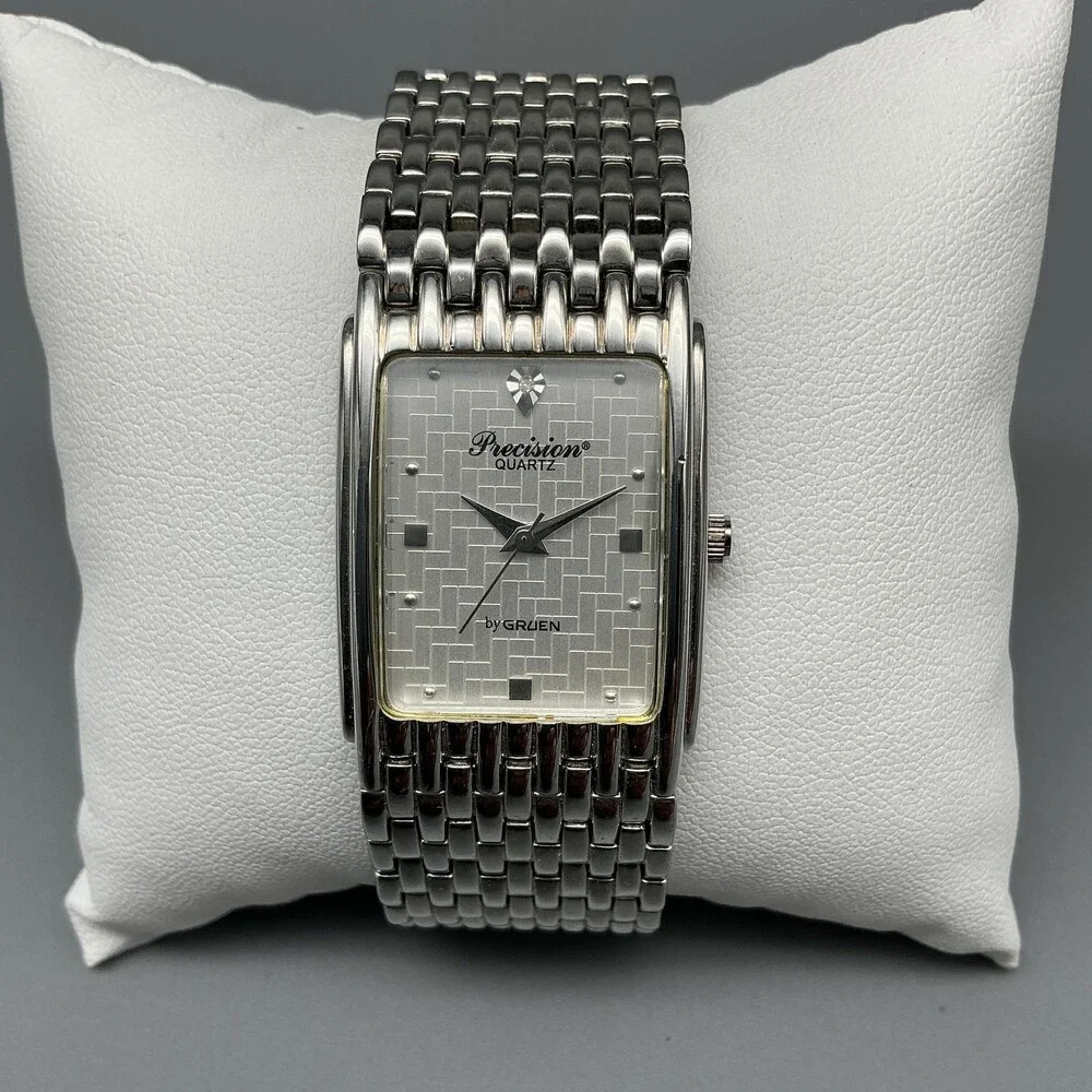 Gruen Precision Mens Watch 22mm Silver Tone Rectangle Dial New Battery 8.25